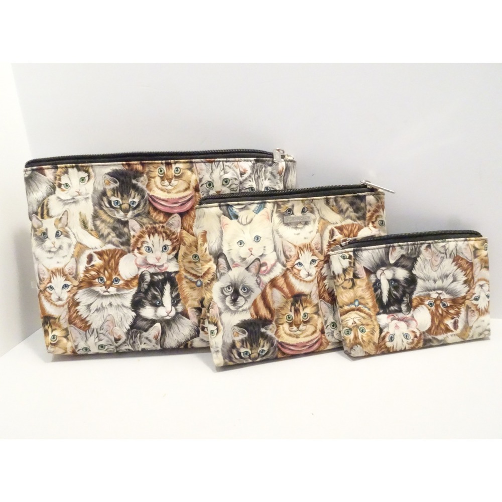 Celebrity 3 Piece Nesting Cosmetic Bag Set Kitten Print Makeup Pouches Multi
